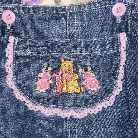 Vintage Disney Winnie The Pooh Denim Overalls Floral Lace Patch 6-9 Month - Picture 4 of 6